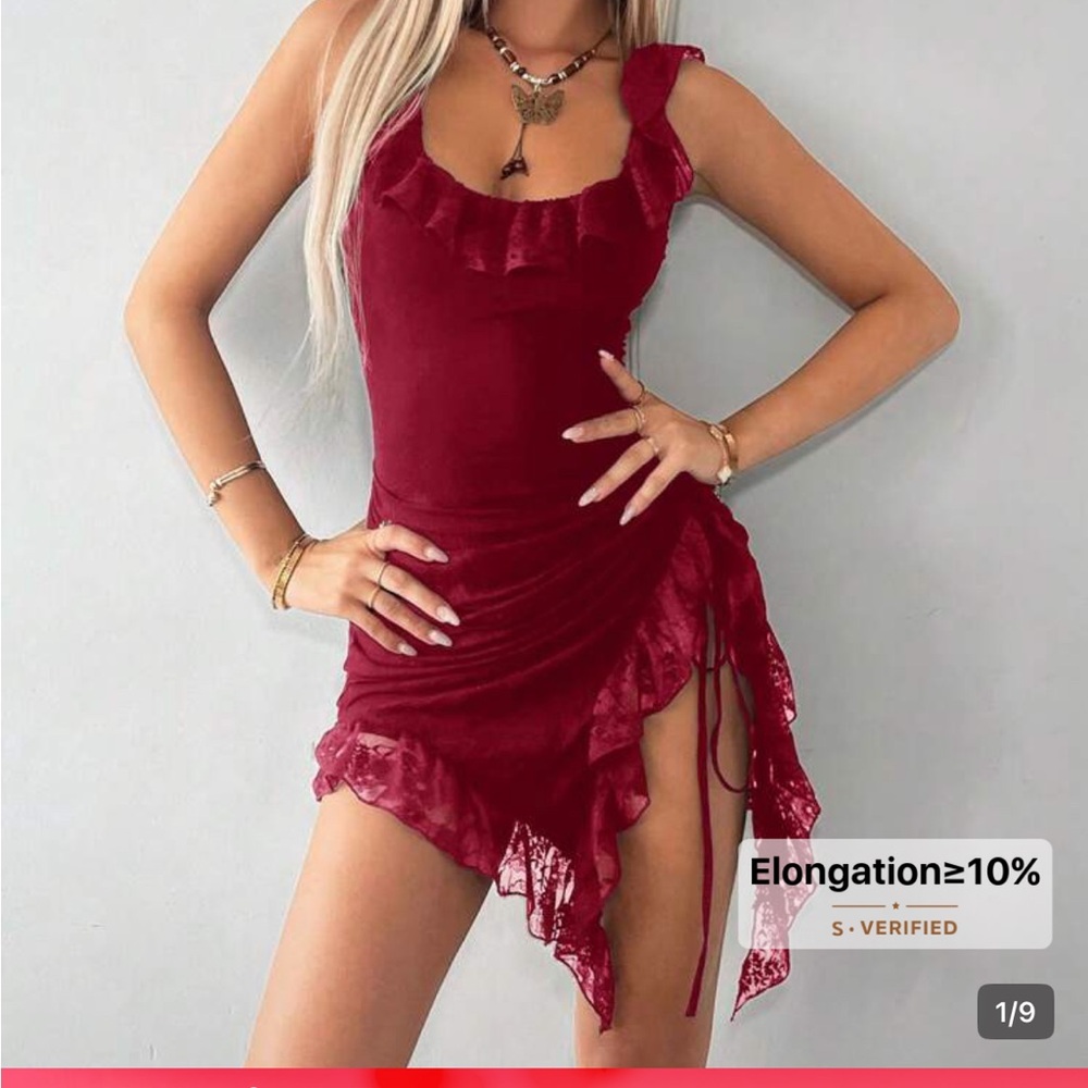 Burgundy Asymmetrical/Adjustable Ruffle Dress